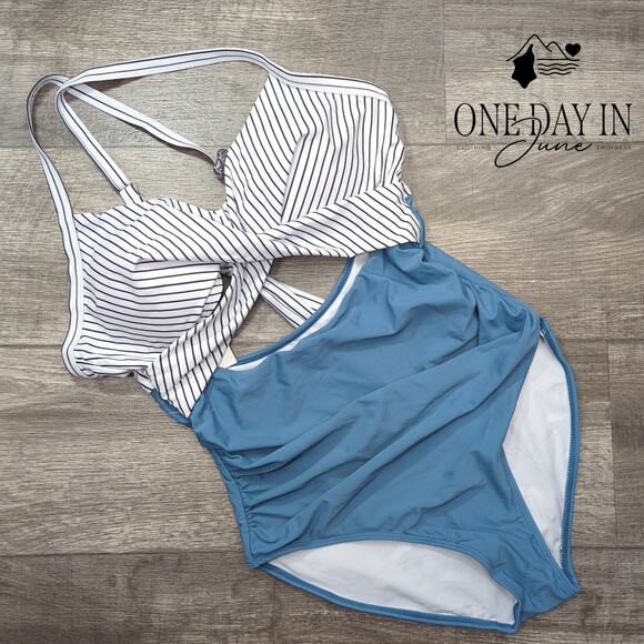 Eomenie Cross Front Cut Out One Piece Swimsuit Size L - Picture 3 of 7